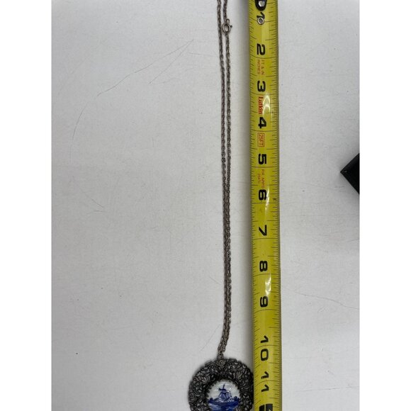 Vintage Silver Filigree Pendant Necklace Blue Delft White Windmill Porcelain Des - Picture 4 of 5